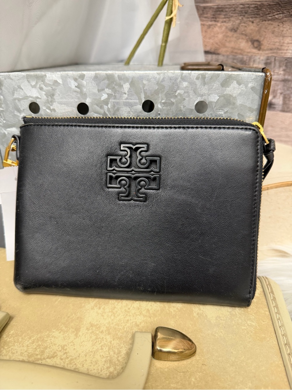 Tory Burch Black Leather Wristlet Wallet OS